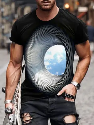 Men's 3D Tunnel & Sky Print Round Neck Tee, Regular Fit Fashion Casual Crew Neck Short Sleeve T-Shirt for Summer, Men's Fashi...