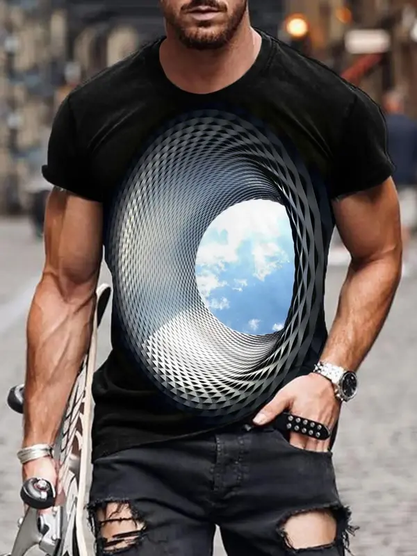 Men's 3D Tunnel & Sky Print Round Neck Tee, Regular Fit Fashion Casual Crew Neck Short Sleeve T-Shirt for Summer, Men's Fashi...