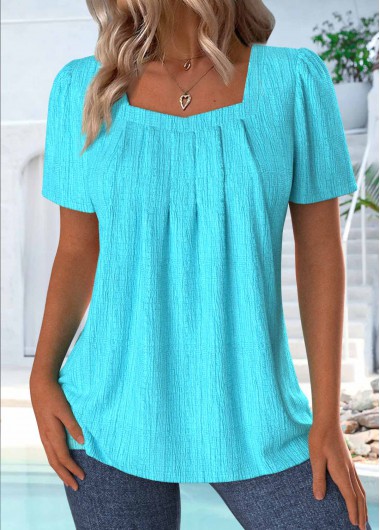 Modlily Cyan Short Sleeve Square Neck T Shirt - XL