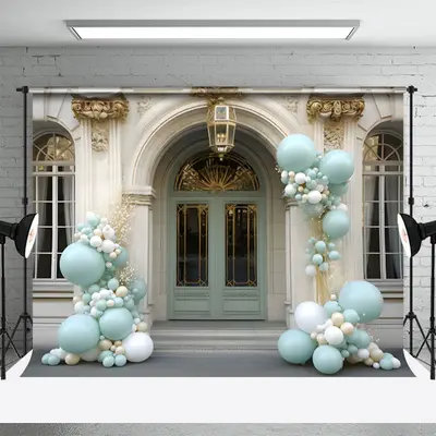 Gold Beige Royal Arch Door Blue Balloon Backdrop - Aperturee