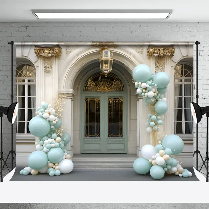 Gold Beige Royal Arch Door Blue Balloon Backdrop - Aperturee