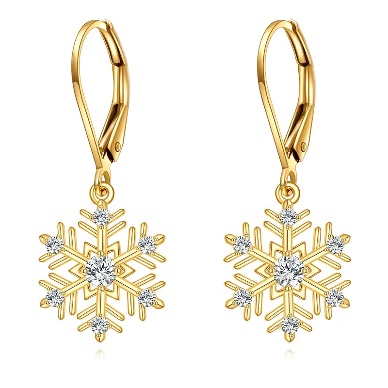 14K Gold Cubic Zirconia Snowflake Drop Earrings