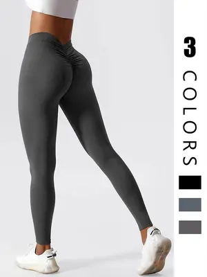 Women's Solid Ruched High Waist Sports Leggings, Butt Lift Yoga Pants, High Stretch Seamless Gym Leggings, Ladies Sportswear ...