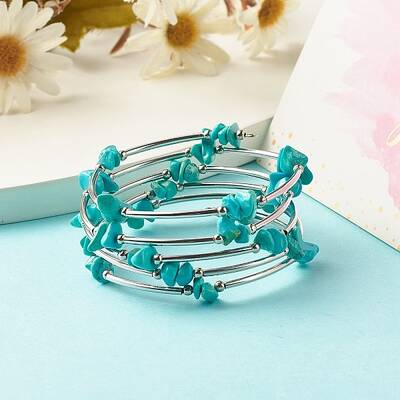 5-Loop Synthetic Turquoise(Dyed) Chip Beaded Wrap Bracelets for Women