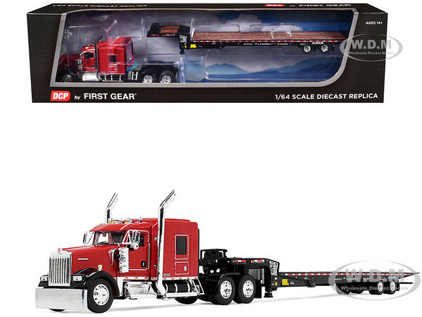 Kenworth W900L with 72 AeroCab Sleeper and Landoll 440B50CA Traveling Axle Trailer Viper Red and Black 1/64 Diecast Model by ...
