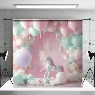 Colorful Fairy Tale Balloons Unicorn Photo Backdrop - Aperturee