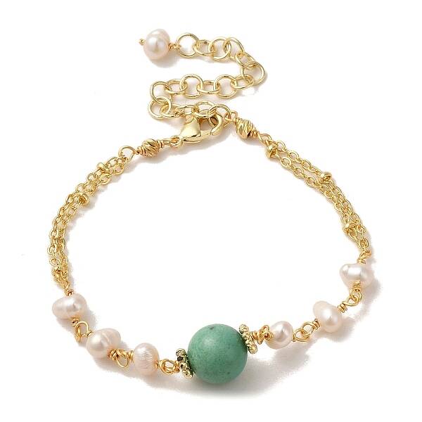 Synthetic Turquoise Round Link Bracelets with Natural Pearl