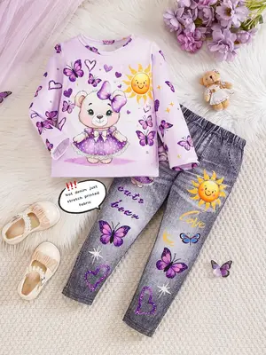 Two-piece Set Girl's Cartoon Bear Print Sweatshirt & Butterfly Print Denim-effect Print Pant Set, Cute Long Sleeve Round Neck...