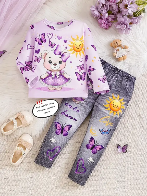 Two-piece Set Girl's Cartoon Bear Print Sweatshirt & Butterfly Print Denim-effect Print Pant Set, Cute Long Sleeve Round Neck...