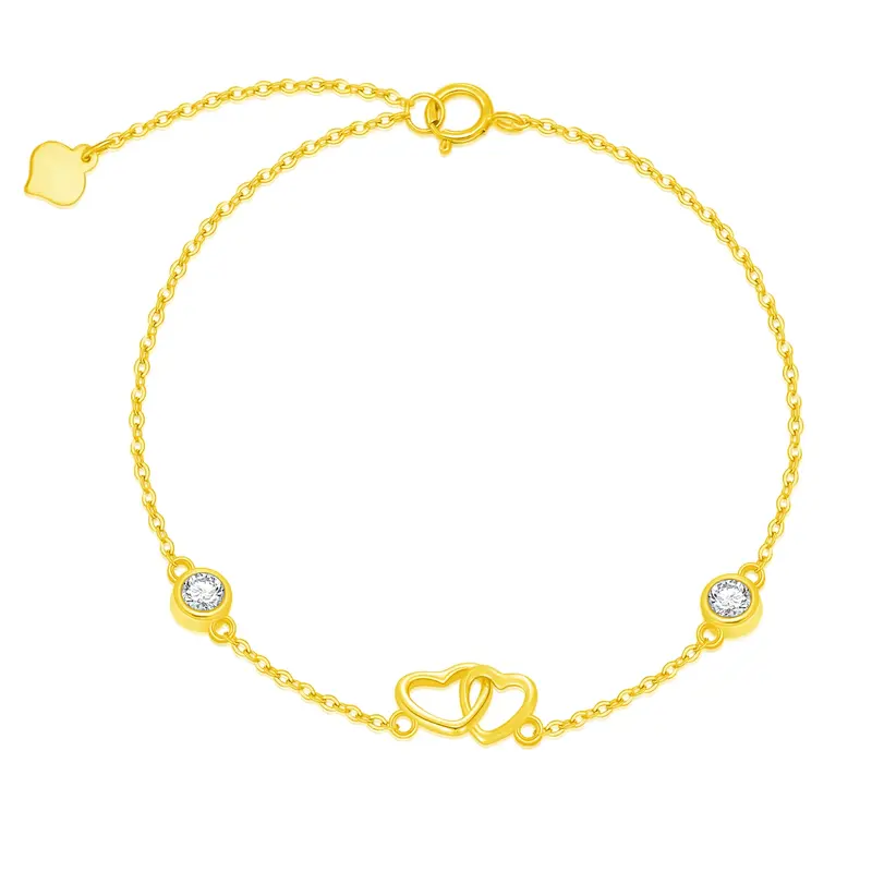14K Gold Cubic Zirconia Heart With Heart Charm Bracelet