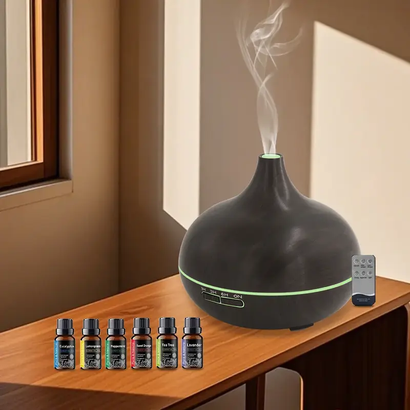 550ml Aromatherapy Diffuser with 6 Essential Oils  Wood Grain Ultrasonic Humidifier, Remote Control & 7 Color LED Light  Idea...