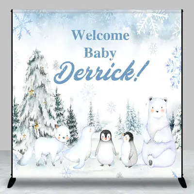 Snowy Forest Animal Custom Name Welcome Baby Backdrop - Aperturee