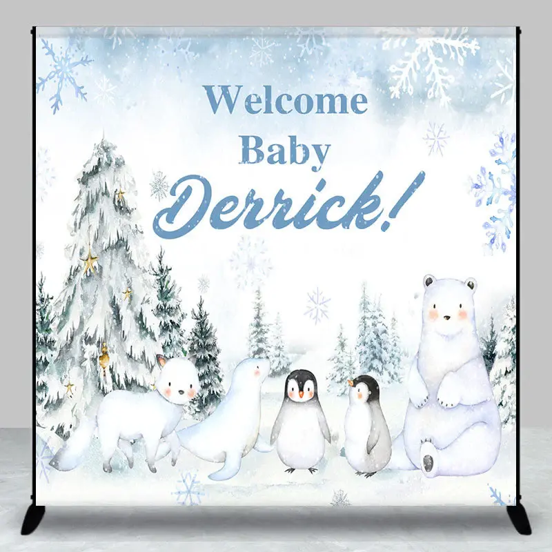 Snowy Forest Animal Custom Name Welcome Baby Backdrop - Aperturee