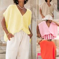 Womens Loose Knit Cardigan, Solid Color Short Sleeve V-Neck Button, Down Lightweight Sweaters, Long Sleeves Cardigan, Ladies ...