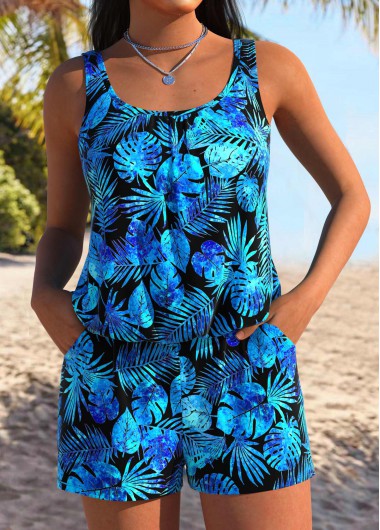 Modlily Blue Tummy Coverage Leaf Print One Piece Swimwear - S