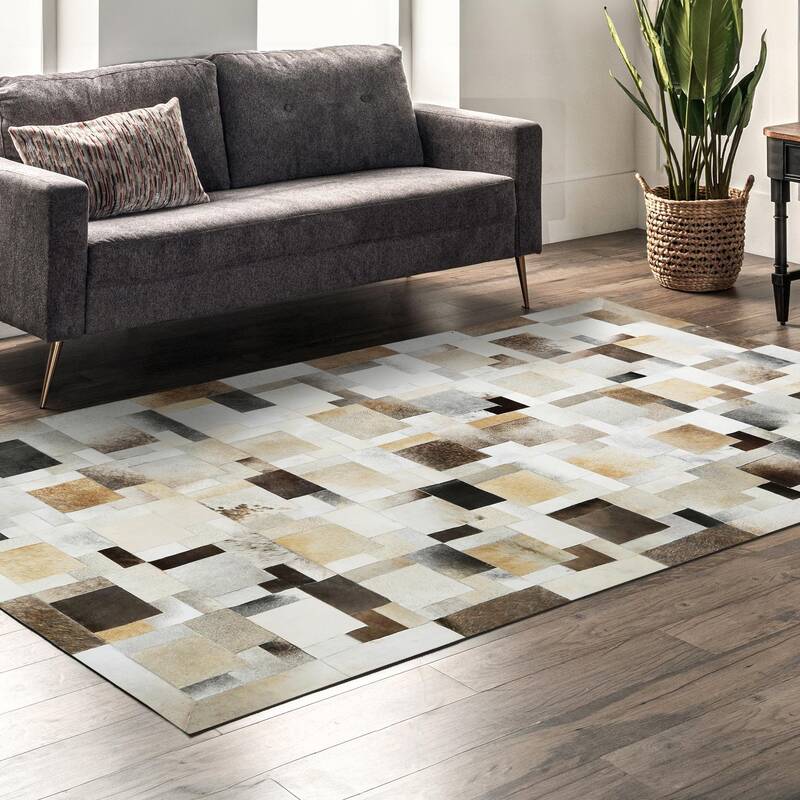 Natural Beige & Grey Cowhide Patchwork Rug