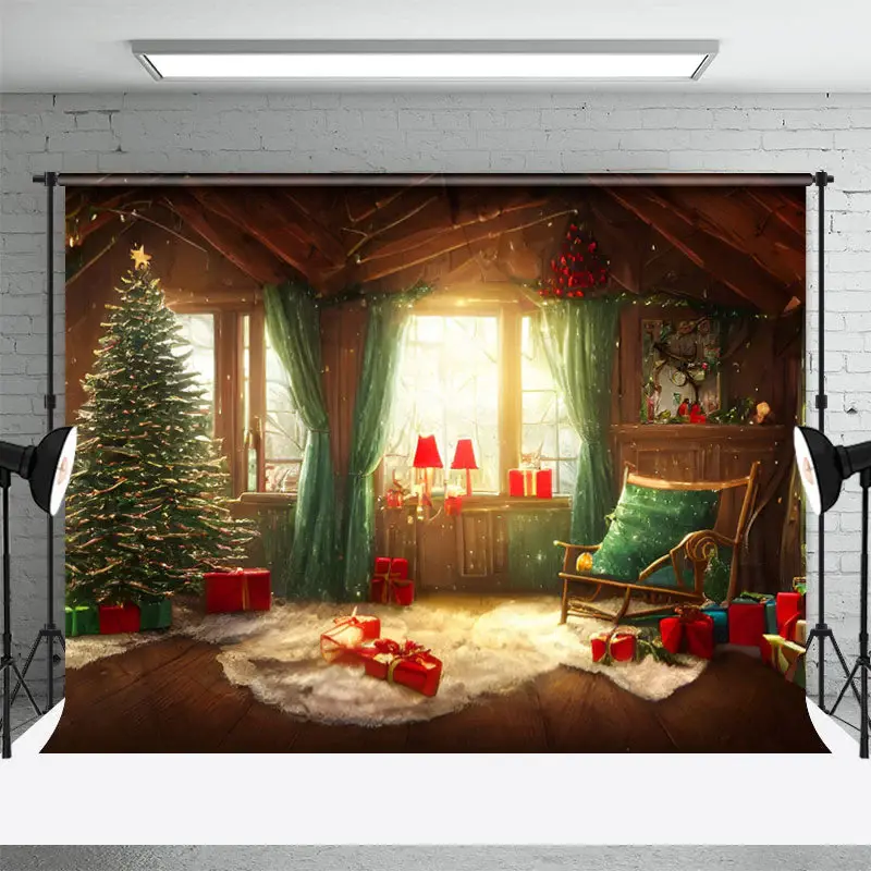 Sweet Cabin Red Gifts Window Christmas Tree Backdrop - Aperturee