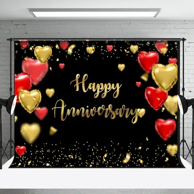 Black Red Gold Balloons Happy Anniversary Backdrop