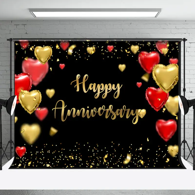 Black Red Gold Balloons Happy Anniversary Backdrop
