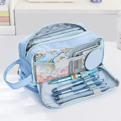 Large Capacity Double Layer Pencil Case with Zipper, 1 Count Portable Multi-grid Pencil Bag, Stationery Storage Supplies for ...