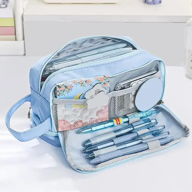 Large Capacity Double Layer Pencil Case with Zipper, 1 Count Portable Multi-grid Pencil Bag, Stationery Storage Supplies for ...