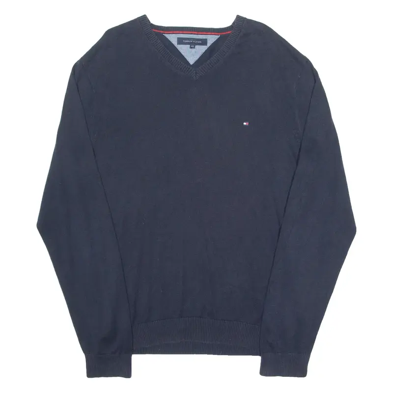 TOMMY HILFIGER Mens Jumper Blue V-Neck Tight Knit 2XL