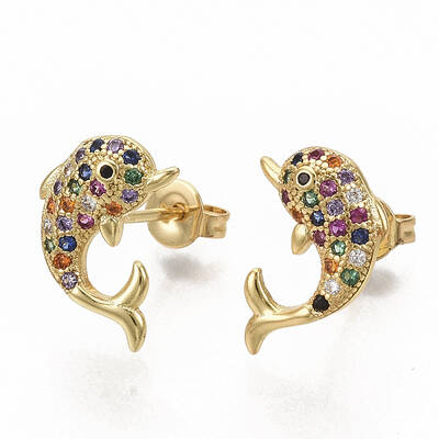 Brass Micro Pave Colorful Cubic Zirconia Stud Earrings