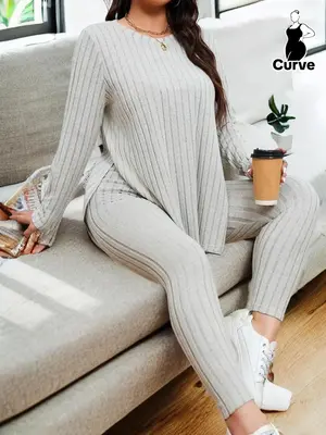 Plus Size Two-Piece Set Simple Solid Set, Casual Basic Minimalist Comfortable Long Sleeve Round Neck Split Hem Top & Skinny ...