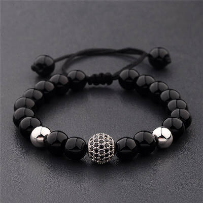 Round Natural Black Onyx(Dyed & Heated) & Brass Pave Cubic Zirconia Braided Bead Bracelets for Women Men