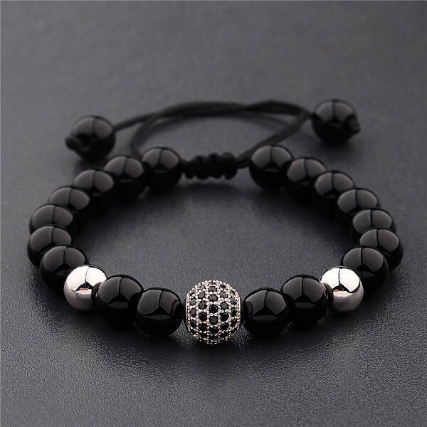Round Natural Black Onyx(Dyed & Heated) & Brass Pave Cubic Zirconia Braided Bead Bracelets for Women Men