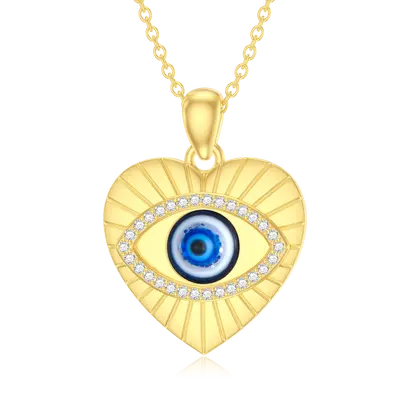 14K Gold Cubic Zirconia Evil Eye & Heart Pendant Necklace