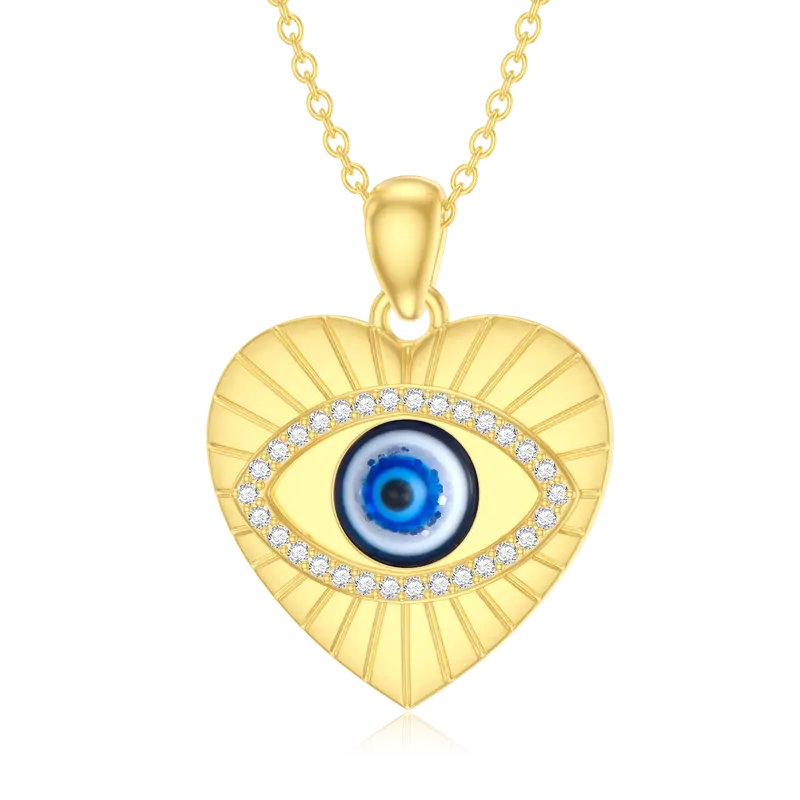 14K Gold Cubic Zirconia Evil Eye & Heart Pendant Necklace