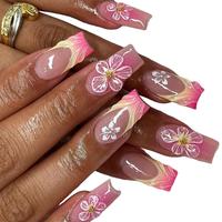 Flower Pattern Fake Nails with Nail File & Jelly Glue, 24pcs Short Square False Nails for Women & Girls Diy Nail Art, Effortl...