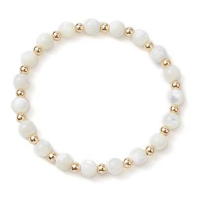 Round Natural Sea Shell Beaded Stretch Bracelets with Brass Beads for Women Men