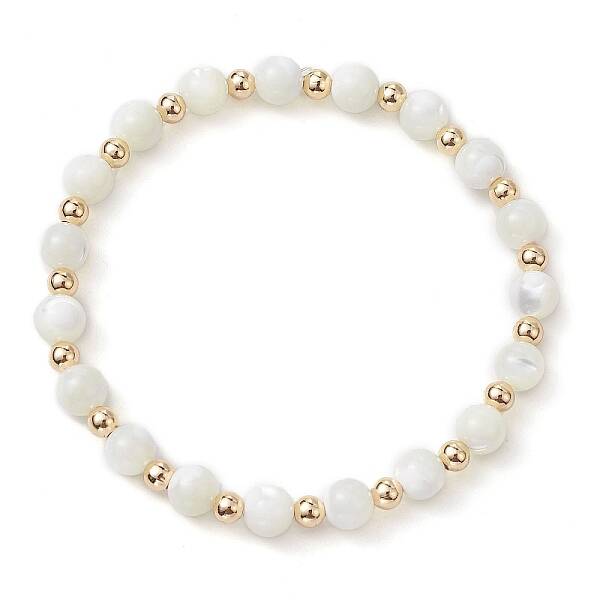 Round Natural Sea Shell Beaded Stretch Bracelets with Brass Beads for Women Men