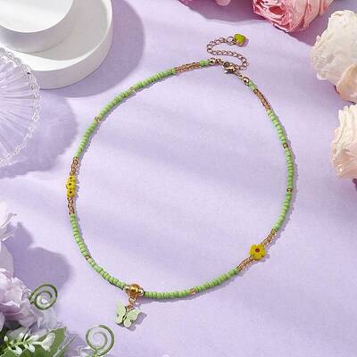 Glass Seed Beads & Flower Handmade Lampwork Beaded Necklaces