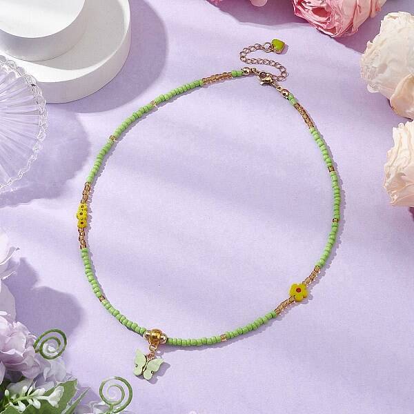 Glass Seed Beads & Flower Handmade Lampwork Beaded Necklaces