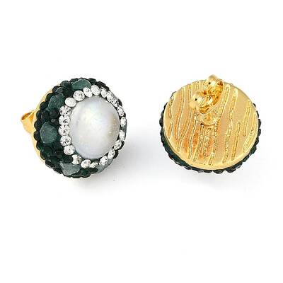 Rack Plating Flat Round Brass With Rhinestone & Natural Pearl Handmade Indonesia Stud Earrings