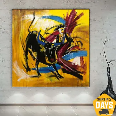 Abstract Wall Art Bullfight Painting Corrida Wall Art Yellow Paintings On Canvas Modern Wall Art Living Room Framed Art | SPA...