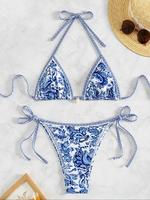 Women's All Over Print Tie Back Bikinis Set, Chic Halter Neck Swim Bra & Tie Side Swim Thong, Ladies Swimsuit for Summer Beac...
