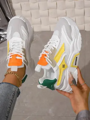 Colorblock Lace Up Chunky Sneakers for Women, Summer Mesh Sports Running Sports Platform Shoes for Training, Girl's Footwear,...