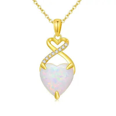14K Gold Cut Lab Created Diamond & Opal Heart Pendant Necklace