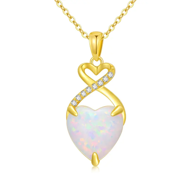 14K Gold Cut Lab Created Diamond & Opal Heart Pendant Necklace