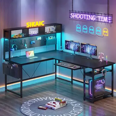 Sikaic L Shaped Reversible Gaming Desk With Power Outlets Keyboard Tray Ergonomic Modern Furniture Adjustable Dual Monitor Mo...