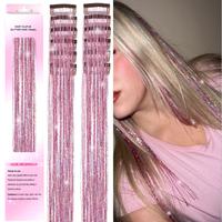 Hair Tinsel Clip in 12 count Pink Tinsel Hair Extensions, Clip in Hair Tinsel Fairy Glitter Hair Tinsel Kit Heat Resistant Sp...