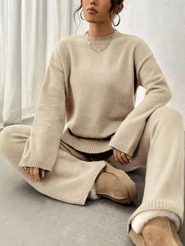 Women's Solid Drop Shoulder Split Hem Sweater & Elastic Waist Straight Leg Pants Two-piece Set, Casual Fashion Cozy Knitwear...