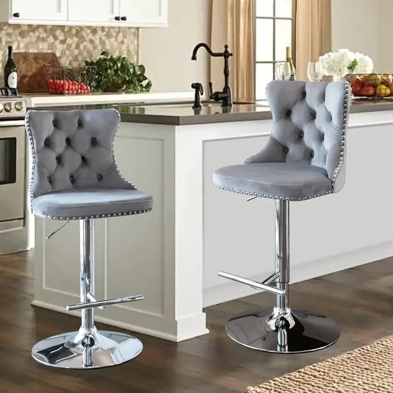Velvet Swivel Bar Stools Set of 2 Kitchen Counter Adjustable Height Upholstered Barstools with Silver Leg and Back for Kitche...