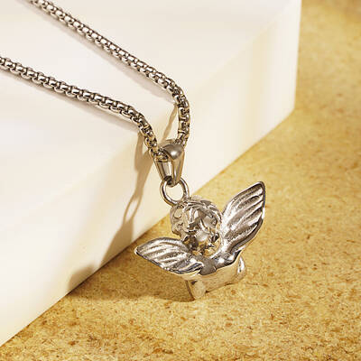 Non-Tarnish Classic Vintage Stainless Steel Baby Angel Pendant Box Chain Necklace for Women's Daily Wear