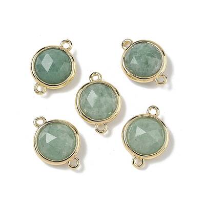 Brass Pave Natural Green Aventurine Faceted Flat Round Connector Charms