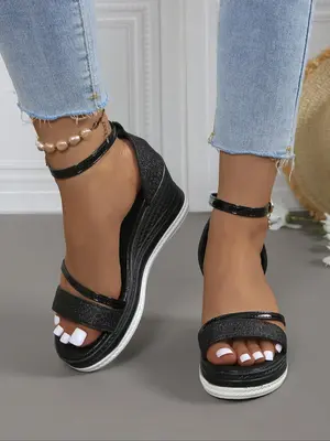 Women's Fashionable Glitter Metallic Wedge Sandals, 2024 Summer Sandals Versatile Sandals for Beach Vacation, Trendy Shoes fo...